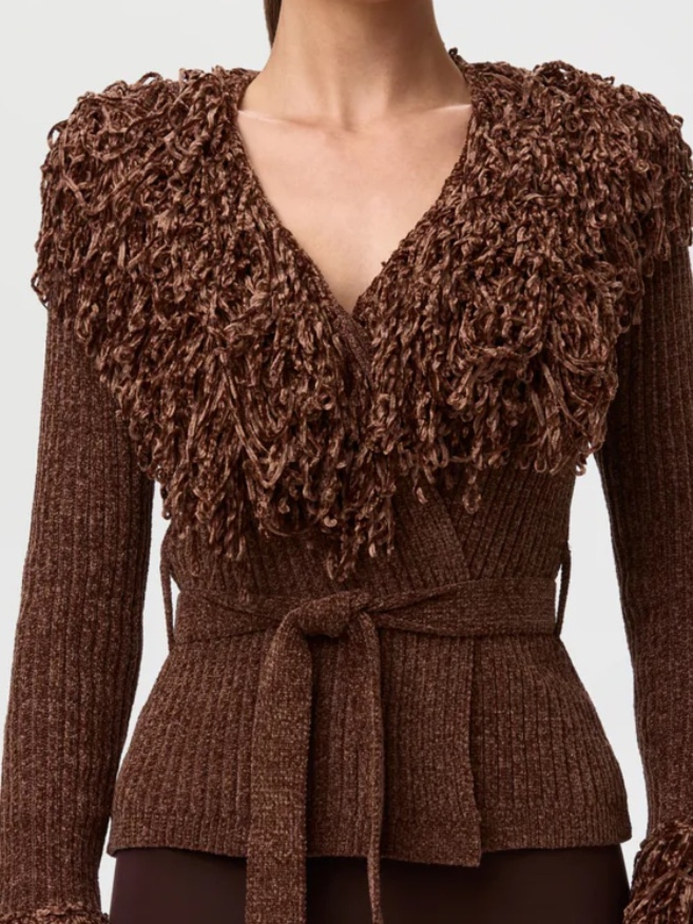 Naked Wardrobe Knit Fringe V-Neck Cardigan Brown Chenille Wrap Size Large - Picture 2 of 13